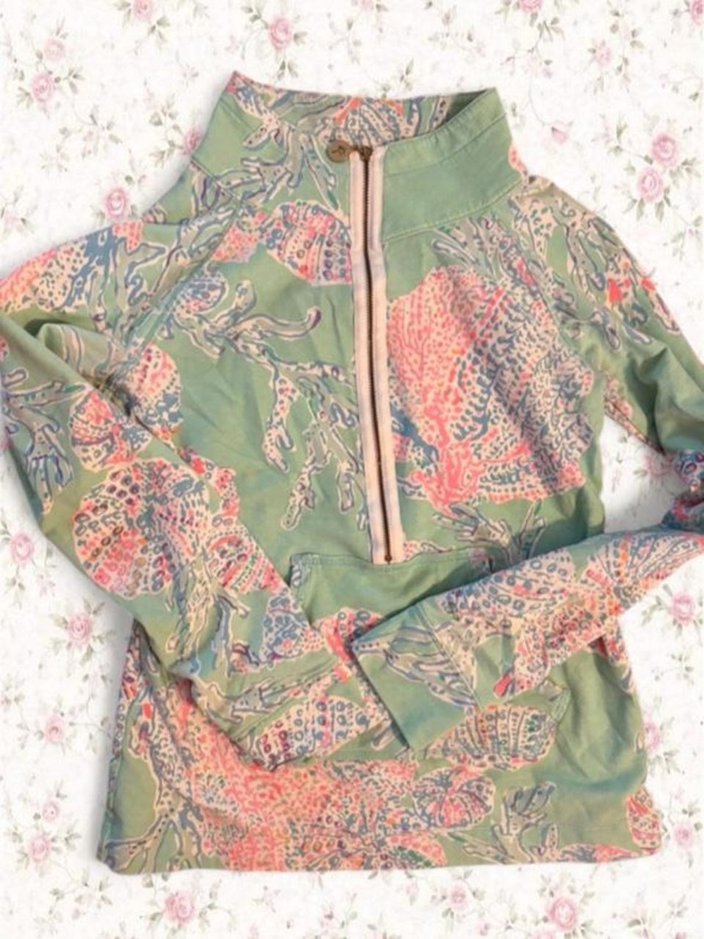 Lilly Pulitzer Green Pullover with Pink Coral Print Half-Zip